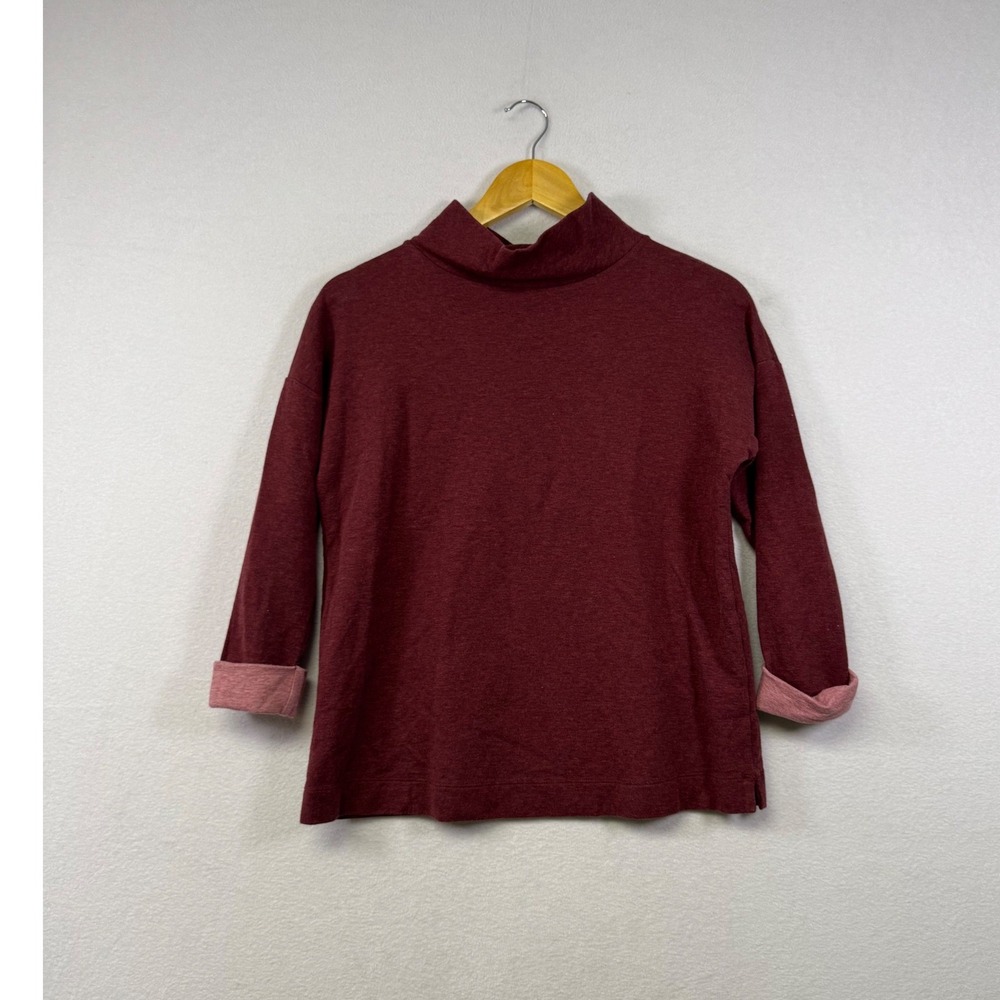 J. Jill Mock Neck Top‎ Women XS Burgundy Cuffed Sleeve Cotton Blend Relaxed Fit